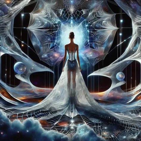 ((best quality)), ((masterpiece)), ((realistic,digital art)), (hyper detailed),DonMC0sm1cW3bXL,cosmic web,full body clothing, Quantum-linked Fabric, Scales, Spaghetti Straps, Knee Length, Empire Waist, Ball Gown Skirt, Detachable Train, Corset Closure,,Back Darts,,Ripped or Distressed Look,Coin Pockets,,Light Wash, , <lora:DonMC0sm1cW3bXL-000009:1>