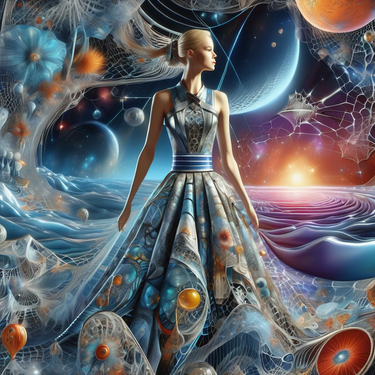 ((best quality)), ((masterpiece)), ((realistic,digital art)), (hyper detailed),DonMC0sm1cW3bXL,web, Convertible Dress, Zipper Closure,,Allover Print,Sash, , <lora:DonMC0sm1cW3bXL-000009:1>