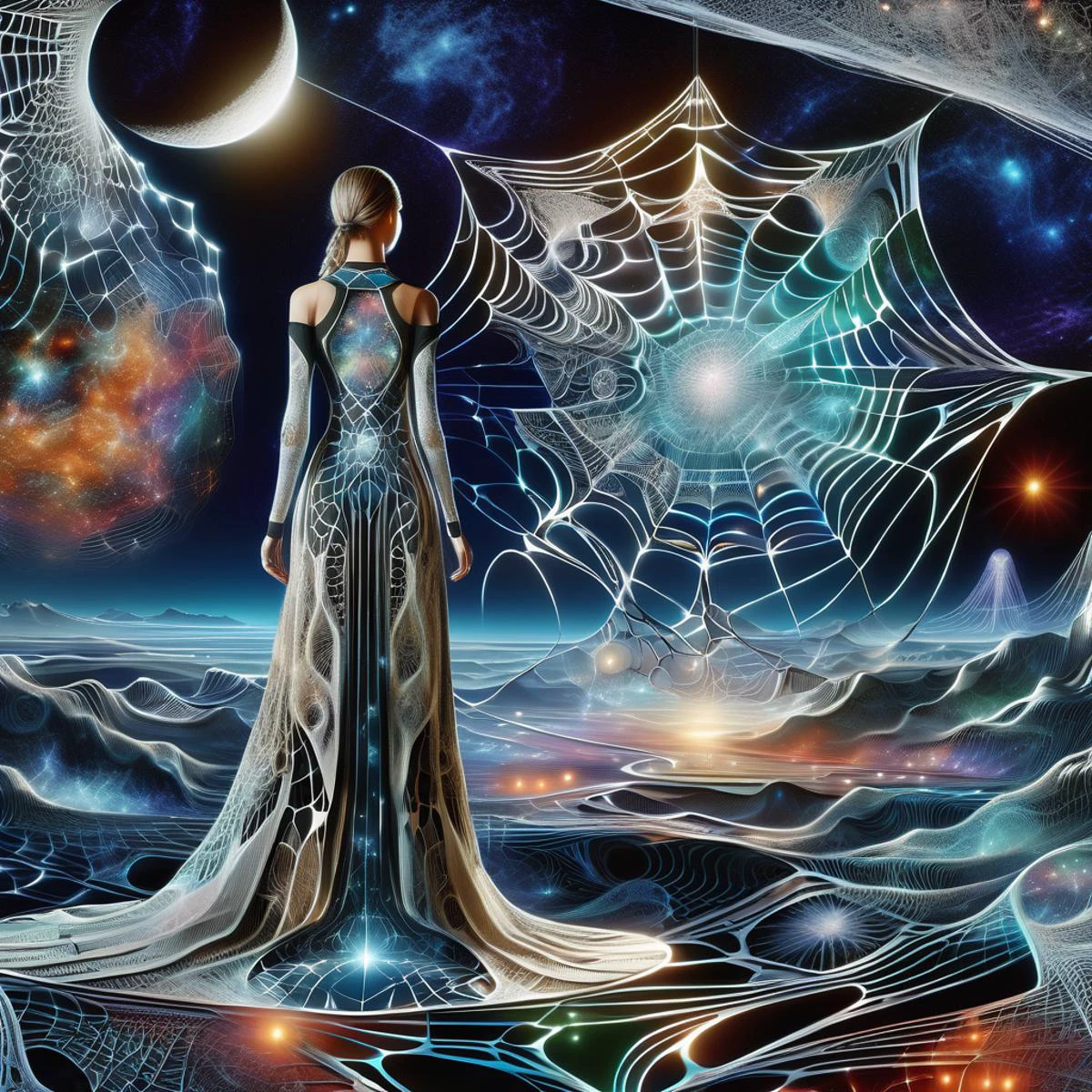 ((best quality)), ((masterpiece)), ((realistic,digital art)), (hyper detailed),DonMC0sm1cW3bXL,astral plain and cosmic webs,full body clothing, Quantum-stitch Knit, Raglan Sleeves, Maxi Length, Drop Waist, A-Line Skirt, Slit Details,,Coin Pockets,,Detachable Train, Tie Closure,,Cold Shoulder Design,,Raw Wash, , <lora:DonMC0sm1cW3bXL-000009:1>
