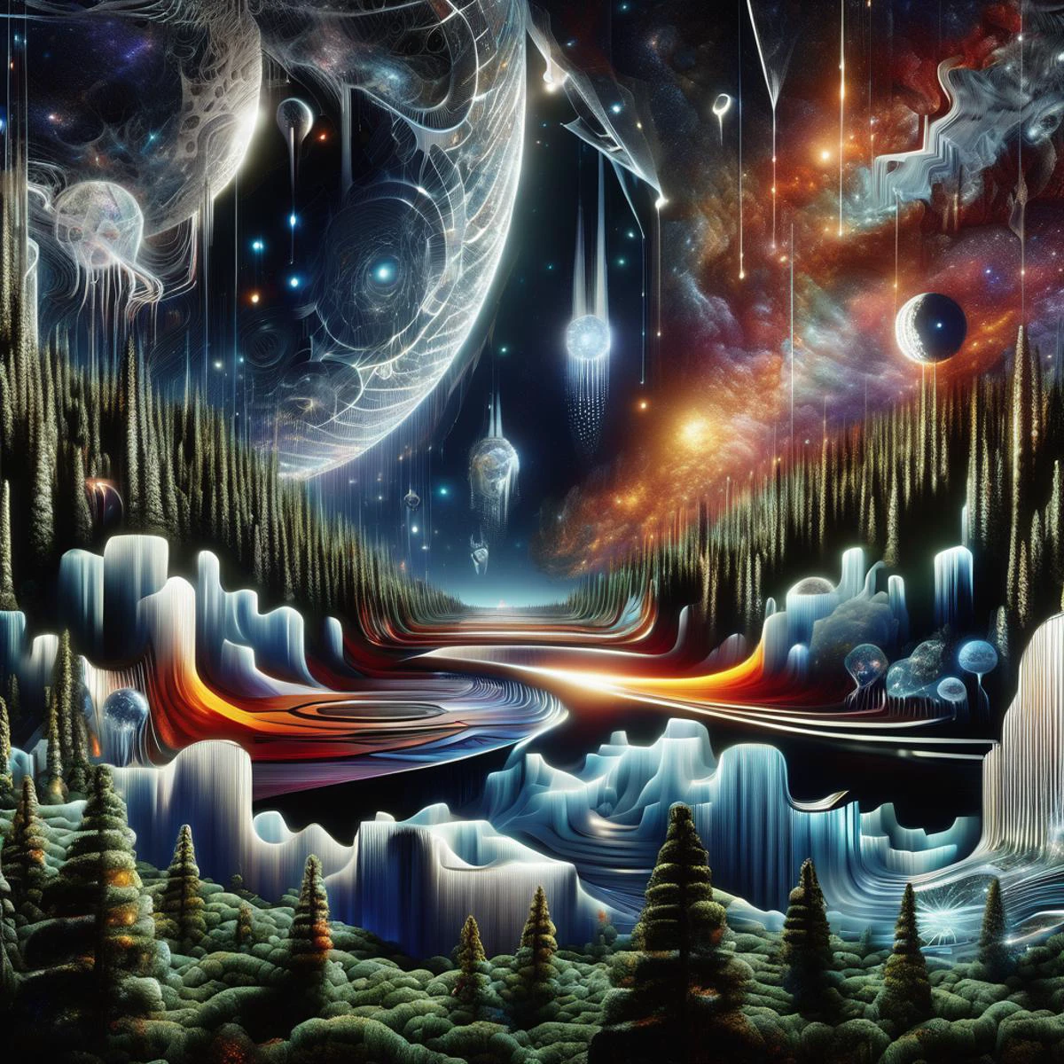 ((best quality)), ((masterpiece)), ((realistic,digital art)), (hyper detailed),DonMC0sm1cW3bXL,cosmic,Forest, <lora:DonMC0sm1cW3bXL-000009:1>