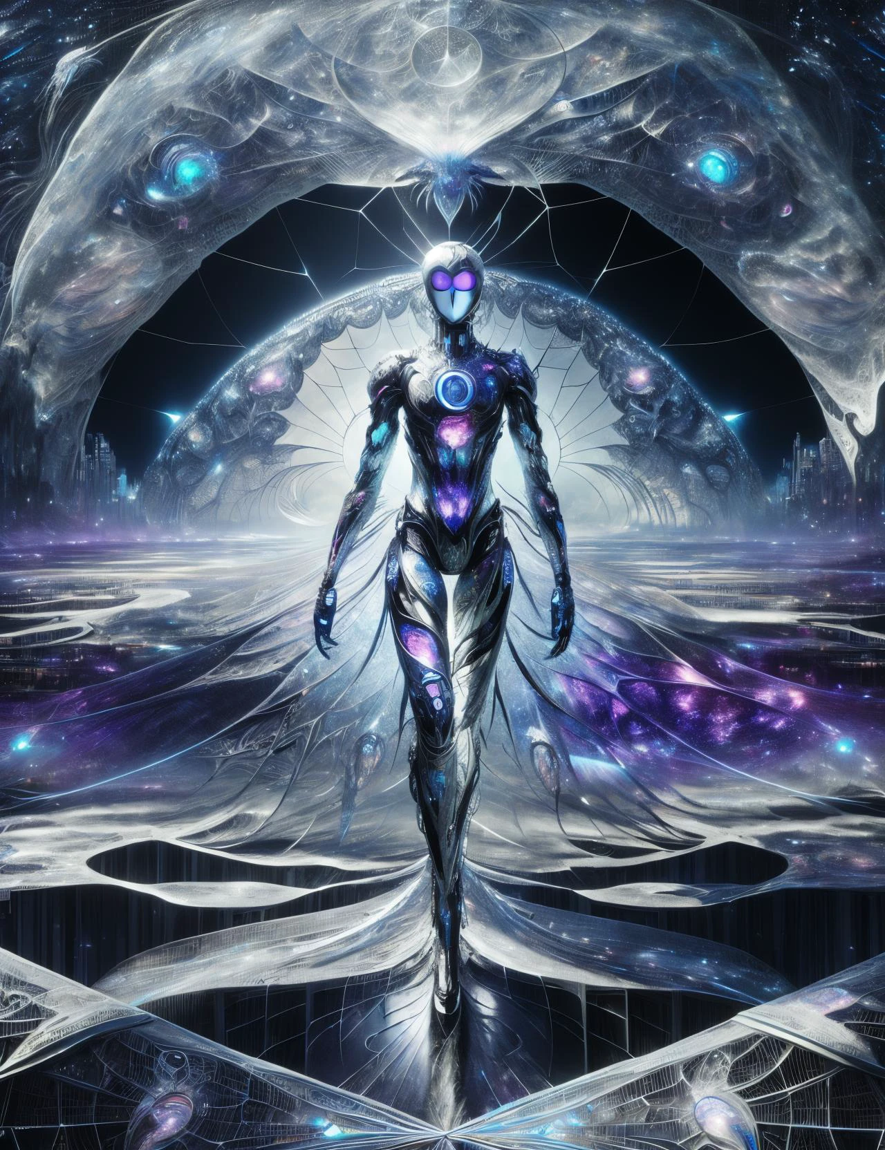 ((best quality)), ((masterpiece)), ((realistic,digital art)), (hyper detailed),DonMC0sm1cW3b,cosmic webs and astral plain,lower body clothing, Cyberweave Alloy, Brocade,, Tunic Length, Drop Waist, Pockets,,Resin Wash, , <lora:DonMC0sm1cW3b-000009:0.9>