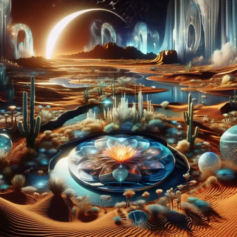 ((best quality)), ((masterpiece)), ((realistic,digital art)), (hyper detailed),DonMC0sm1cW3bXL,astral,Desert Oasis, <lora:DonMC0sm1cW3bXL-000009:1>