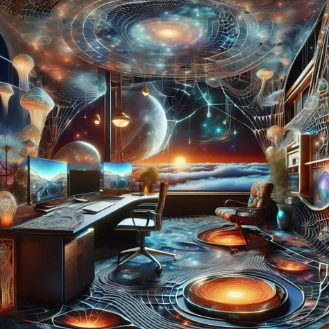 ((best quality)), ((masterpiece)), ((realistic,digital art)), (hyper detailed),DonMC0sm1cW3bXL,astral plain and cosmic webs,Roof Deck, Desk, Soumak Weave tapestry,Gabbro stone,Linoleum Flooring, Bio-luminescent Mushrooms, Rope Lights, Solarpunk, <lora:DonMC0sm1cW3bXL-000009:1>