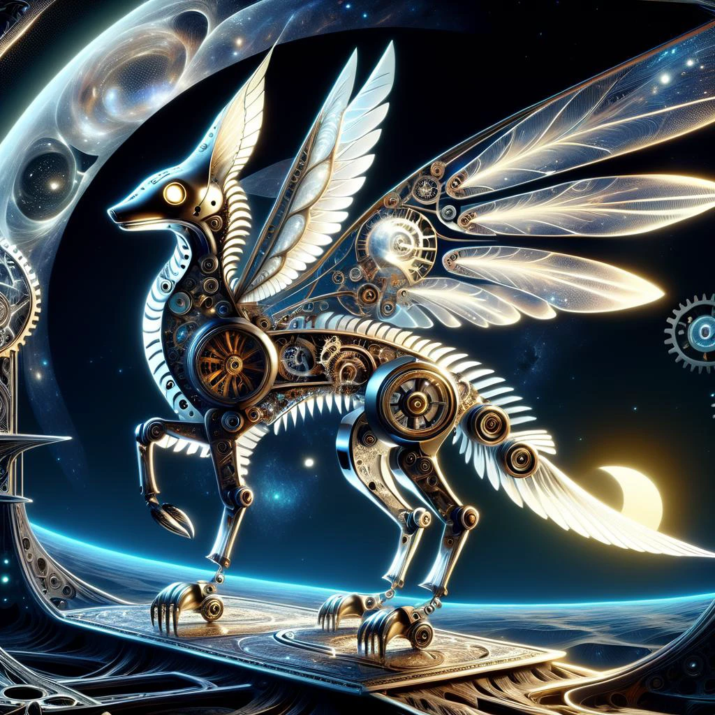 ((best quality)), ((masterpiece)), ((realistic,digital art)), (hyper detailed),DonMC0sm1cW3bXL,astral plain,Small Stealthy Harmonious Vintage Segmented, Bipedal Decamanual, Unguligrade Appendages, Forked-Tailed, Metallic Skin, Furry Ears, Mechanical Wings made of gears and cogs and clockwork,, <lora:DonMC0sm1cW3bXL-000009:1>