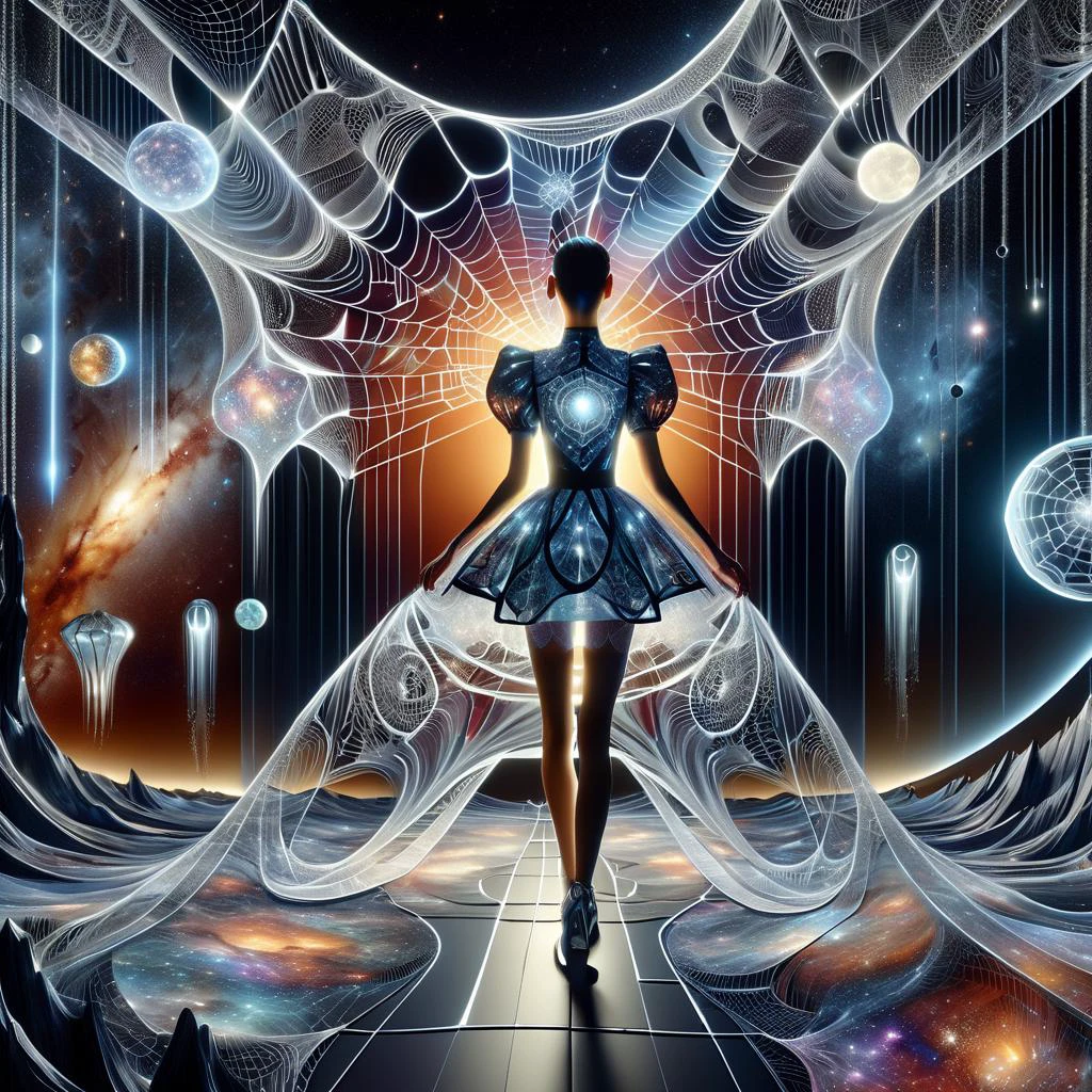 ((best quality)), ((masterpiece)), ((realistic,digital art)), (hyper detailed),DonMC0sm1cW3bXL,cosmic web,full body clothing, Quantum-linked Fabric, Puff Sleeves, Mini Length, High Waist, Ball Gown Skirt, Light Wash, , <lora:DonMC0sm1cW3bXL-000009:1>