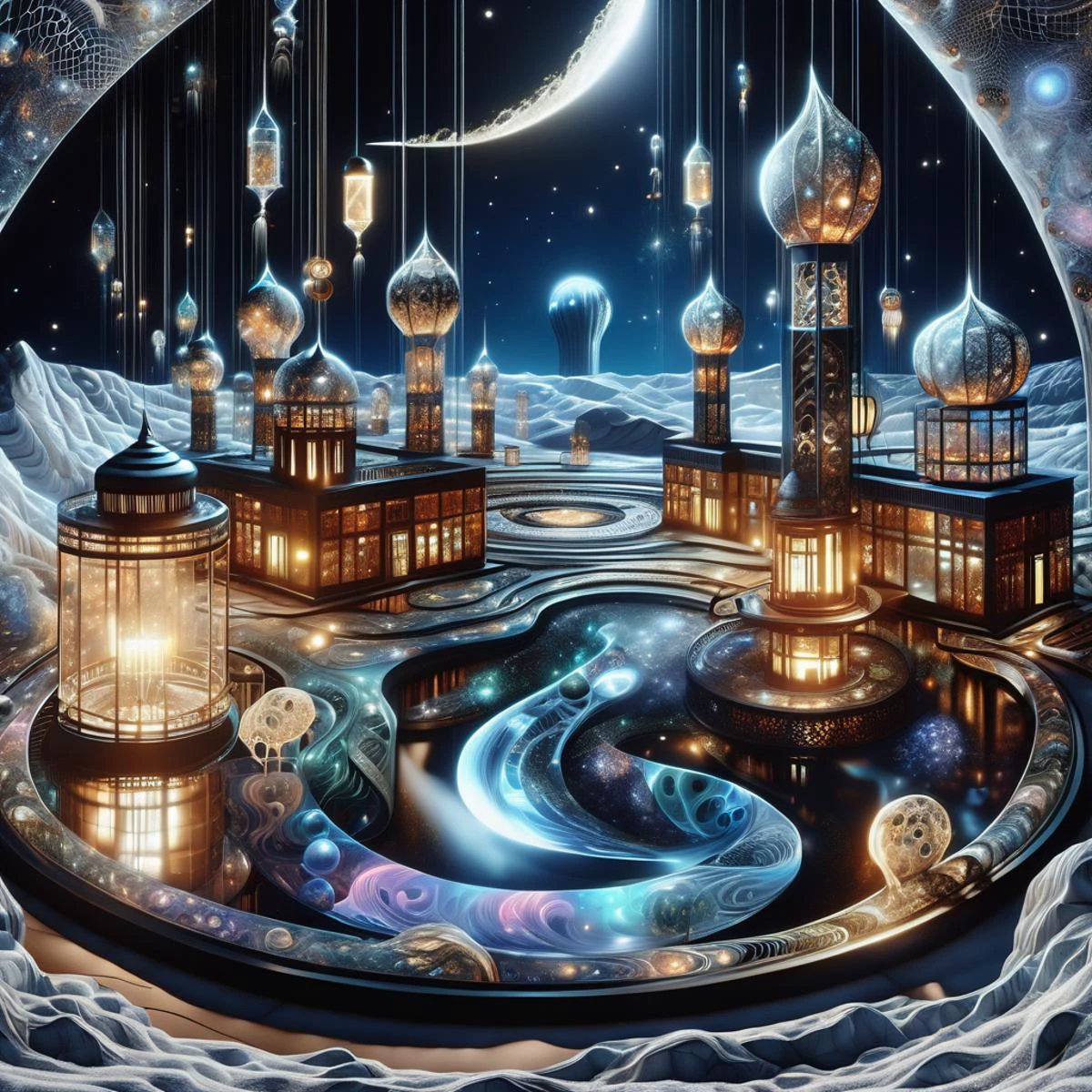 ((best quality)), ((masterpiece)), ((realistic,digital art)), (hyper detailed),DonMC0sm1cW3bXL,cosmic,Power Plants, Serpentine stone,Cement Board, Reflective Moonlight on Snow, Lanterns (Traditional or Modern), <lora:DonMC0sm1cW3bXL-000009:1>