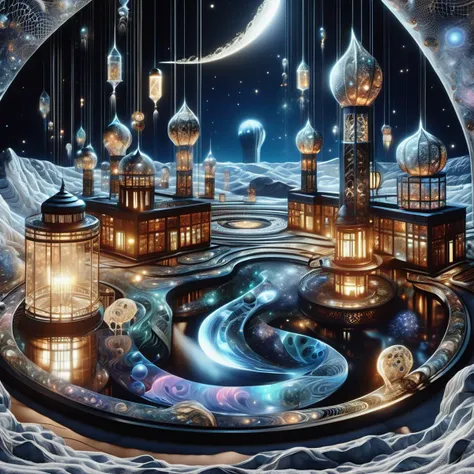 ((best quality)), ((masterpiece)), ((realistic,digital art)), (hyper detailed),DonMC0sm1cW3bXL,cosmic,Power Plants, Serpentine stone,Cement Board, Reflective Moonlight on Snow, Lanterns (Traditional or Modern), <lora:DonMC0sm1cW3bXL-000009:1>