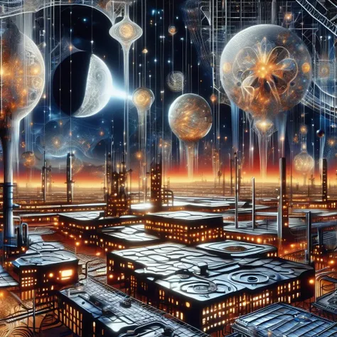 ((best quality)), ((masterpiece)), ((realistic,digital art)), (hyper detailed),DonMC0sm1cW3bXL,astral plain,Industrial City, <lora:DonMC0sm1cW3bXL-000009:1>