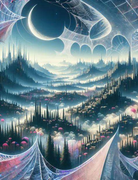 ((best quality)), ((masterpiece)), ((realistic,digital art)), (hyper detailed),DonMC0sm1cW3b,webs, Rural Landscape Fog, <lora:DonMC0sm1cW3b-000009:0.9>