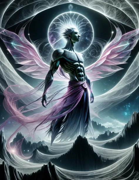 ((best quality)), ((masterpiece)), ((realistic,digital art)), (hyper detailed),DonMC0sm1cW3b heart, astral cosmic webs, male Sylph, humanoid elemental being, delicate and ethereal beings with gossamer wings, guardians of the air, mountain top,weather, Geriatric Muscular, Polynesian, Black eyes, Flared Ears, Unusual Chin, High Cheekbones, Heart face shape with Pointed Chin, Athletic Build, , Grey Dreadlocks hair, Gratitude,, Weaving spells into fabric, creating enchanted garments and cloaks, Mystic, (Enchanted,Circulation,Cyan,Coral Pink Channel,Conjure,Glamour ,Self-healing Concrete Wave propagation,Parallel liness,Cylinder,Colloids magic:1.0) Healing Waters , Arms swirling in circular motions, summoning a cyclone of magic, Twilight Spark <lora:DonMC0sm1cW3b-000009:0.9>
