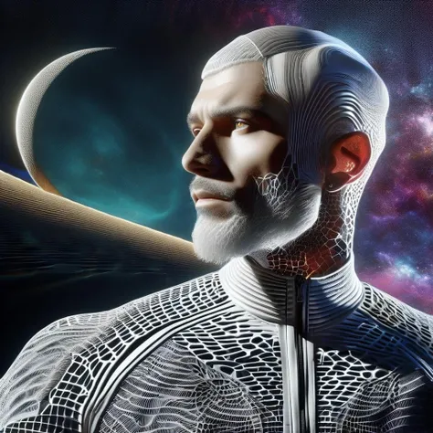 ((best quality)), ((masterpiece)), ((realistic,digital art)), (hyper detailed),DonMC0sm1cW3bXL,cosmic,male Digital Detective, , Twenty-something Slim, Sub-Saharan African, Violet eyes, Upswept Ears, Pointed Chin with Cleft, Overbite Jaw, Circle Beard , Platinum Blonde Tousled waves hair, Sadness,, Nano-linked Elegance, Character stands gracefully with fluid movements, showcasing the seamless integration of nanotechnology, wearing Anti-gravity Urban Shorts, Light gray Chenille Toile Neural Mesh Jacket, Haptic Feedback Racing Sneakers, , ,, Augmented Stride, Character walks confidently with one foot forward, head slightly tilted, and eyes focused on a virtual display only they can see, <lora:DonMC0sm1cW3bXL-000009:1>
