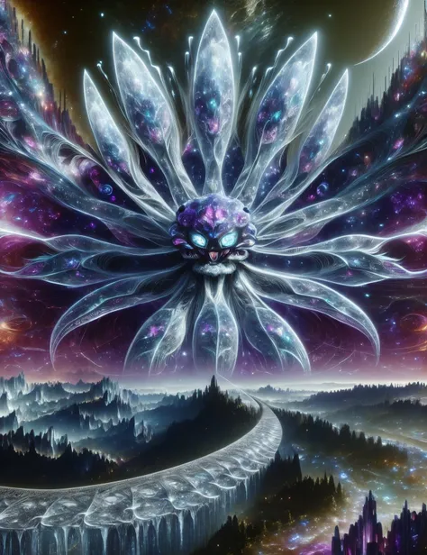 ((best quality)), ((masterpiece)), ((realistic,digital art)), (hyper detailed),DonMC0sm1cW3b,cosmic webs and astral plain,Gigantic Ethereal Alien Crisp Crystalline, Octopod Decamanual, Webbed Appendages, Bushy-Tailed, Hairy Fur, , <lora:DonMC0sm1cW3b-000009:0.9>
