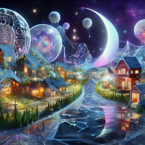 ((best quality)), ((masterpiece)), ((realistic,digital art)), (hyper detailed),DonMC0sm1cW3bXL,web,Village, <lora:DonMC0sm1cW3bXL-000009:1>