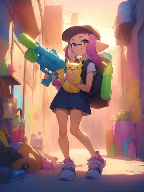 masterpiece, best quality, high quality, 1girl, solo, splatoon inkling, tentacle hair, (holding toy gun, detailed water gun), finger on trigger, (holding yellow pikachu plush doll:1.2), transparent container, colorful liquid, rubber tube, backpack, amazing composition, (saturated colours, vibrant), incredible lighting, large sneakers, smiling, beautiful sunset, urban alleyway, graffiti, colorful paint splatters, <lora:SplatoonInkling_v030:1>