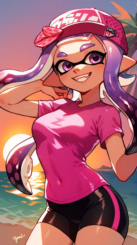 score_9_up,score_8_up,1girl,solo,ocean,beach,splatoon inkling,pink tentacle hair,amazing composition,incredible lighting,smiling,beautiful sunset,detailed background,<lora:SplatoonInkling_PD_v030:1>,pink shirt,<lora:Smooth Anime 2 Style SDXL_LoRA_Pony Diffusion V6 XL:1>,spandex shorts,spandex shirt,palm tree,