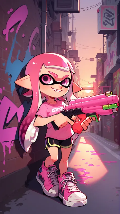 score_9_up,score_8_up,1girl,solo,splatoon inkling,pink tentacle hair,(holding toy gun, water gun),ink tank,urban alleyway,graffiti,amazing composition,incredible lighting,smiling,beautiful sunset,detailed background,<lora:SplatoonInkling_PD_v030:1>,pink shirt,<lora:Smooth Anime 2 Style SDXL_LoRA_Pony Diffusion V6 XL:1>,