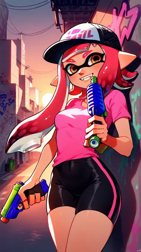 score_9_up,score_8_up,1girl,solo,splatoon inkling,pink tentacle hair,(holding toy gun, water gun),ink tank,urban alleyway,graffiti,amazing composition,incredible lighting,smiling,beautiful sunset,detailed background,<lora:SplatoonInkling_PD_v030:1>,pink shirt,<lora:Smooth Anime 2 Style SDXL_LoRA_Pony Diffusion V6 XL:1>,spandex shorts,spandex shirt,