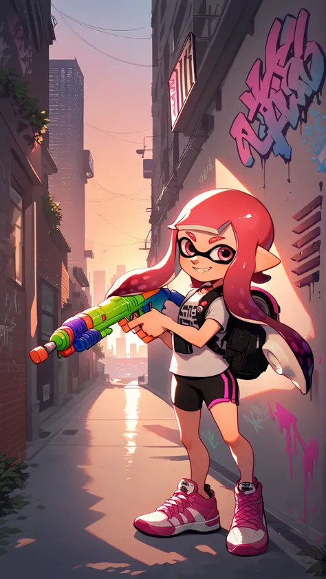 score_9_up,score_8_up,1girl,solo,splatoon inkling,tentacle hair,(holding toy gun, water gun),ink tank,backpack,urban alleyway,graffiti,amazing composition,incredible lighting,smiling,beautiful sunset,detailed background,<lora:SplatoonInkling_PD_v030:1>,<lora:Smooth Anime 2 Style SDXL_LoRA_Pony Diffusion V6 XL:1>,