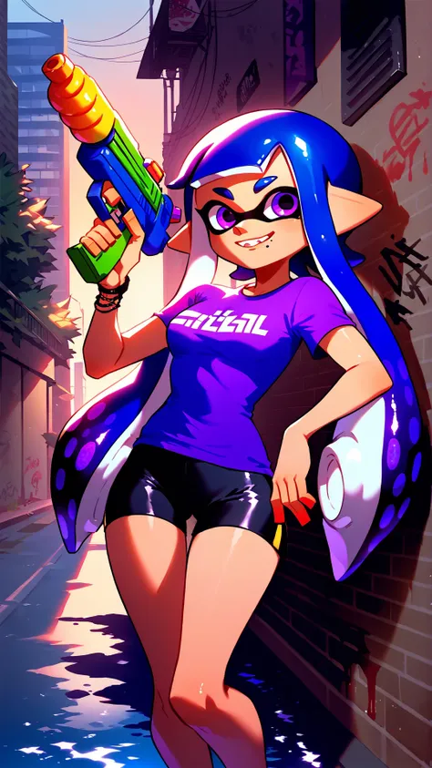 score_9_up,score_8_up,1girl,solo,splatoon inkling,purple tentacle hair,(holding toy gun, water gun),ink tank,urban alleyway,graffiti,amazing composition,incredible lighting,smiling,beautiful sunset,detailed background,<lora:SplatoonInkling_PD_v030:1>,purple shirt,<lora:Smooth Anime 2 Style SDXL_LoRA_Pony Diffusion V6 XL:1>,spandex shorts,spandex shirt,