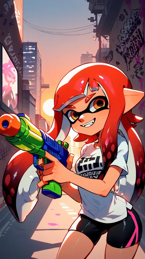 score_9_up,score_8_up,1girl,solo,splatoon inkling,white tentacle hair,(holding toy gun, water gun),ink tank,urban alleyway,graffiti,amazing composition,incredible lighting,smiling,beautiful sunset,detailed background,<lora:SplatoonInkling_PD_v030:1>,white shirt,<lora:Smooth Anime 2 Style SDXL_LoRA_Pony Diffusion V6 XL:1>,spandex shorts,spandex shirt,