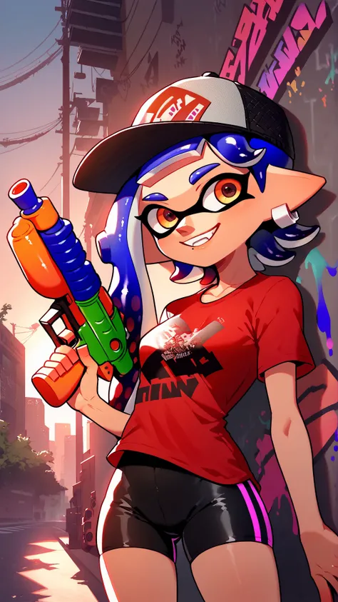 score_9_up, score_8_up, 1girl, solo, splatoon inkling, red tentacle hair, (holding toy gun, water gun), ink tank, urban alleyway, graffiti, amazing composition, incredible lighting, smiling, beautiful sunset, detailed background, <lora:SplatoonInkling_PD_v030:1>, red shirt, <lora:Smooth Anime 2 Style SDXL_LoRA_Pony Diffusion V6 XL:1>, spandex shorts, spandex shirt