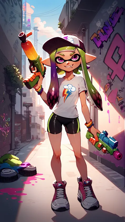 score_9_up,score_8_up,1girl,solo,splatoon inkling,rainbow tentacle hair,(holding toy gun, water gun),ink tank,urban alleyway,graffiti,amazing composition,incredible lighting,smiling,beautiful sunset,detailed background,<lora:SplatoonInkling_PD_v030:1>,rainbow shirt,<lora:Smooth Anime 2 Style SDXL_LoRA_Pony Diffusion V6 XL:1>,spandex shorts,spandex shirt,