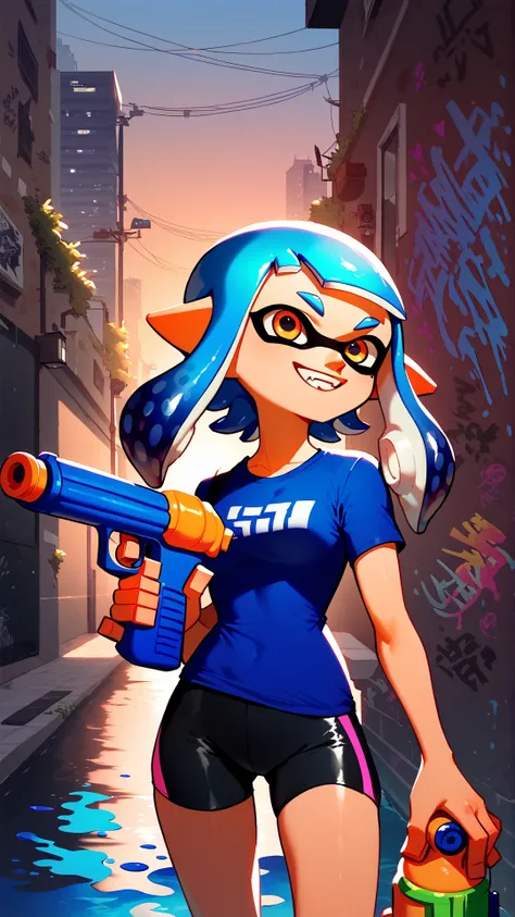 score_9_up,score_8_up,1girl,solo,splatoon inkling,blue tentacle hair,(holding toy gun, water gun),ink tank,urban alleyway,graffiti,amazing composition,incredible lighting,smiling,beautiful sunset,detailed background,<lora:SplatoonInkling_PD_v030:1>,blue shirt,<lora:Smooth Anime 2 Style SDXL_LoRA_Pony Diffusion V6 XL:1>,spandex shorts,spandex shirt,