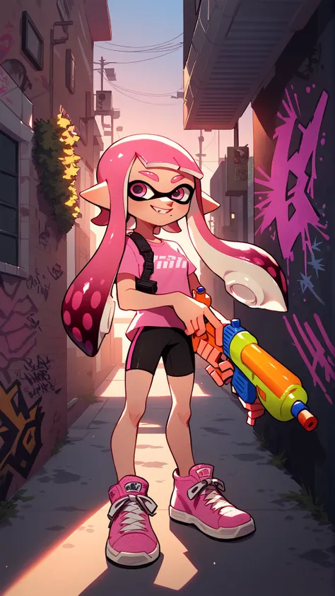score_9_up,score_8_up,1girl,solo,splatoon inkling,pink tentacle hair,(holding toy gun, water gun),ink tank,urban alleyway,graffiti,amazing composition,incredible lighting,smiling,beautiful sunset,detailed background,<lora:SplatoonInkling_PD_v030:1>,pink shirt,<lora:Smooth Anime 2 Style SDXL_LoRA_Pony Diffusion V6 XL:1>,