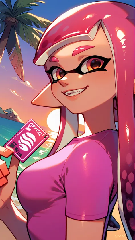 score_9_up,score_8_up,1girl,solo,ocean,beach,splatoon inkling,pink tentacle hair,amazing composition,incredible lighting,smiling,beautiful sunset,detailed background,<lora:SplatoonInkling_PD_v030:1>,pink shirt,<lora:Smooth Anime 2 Style SDXL_LoRA_Pony Diffusion V6 XL:1>,spandex shorts,spandex shirt,palm tree,credit card,holding,holding credit card,upper body,close up,