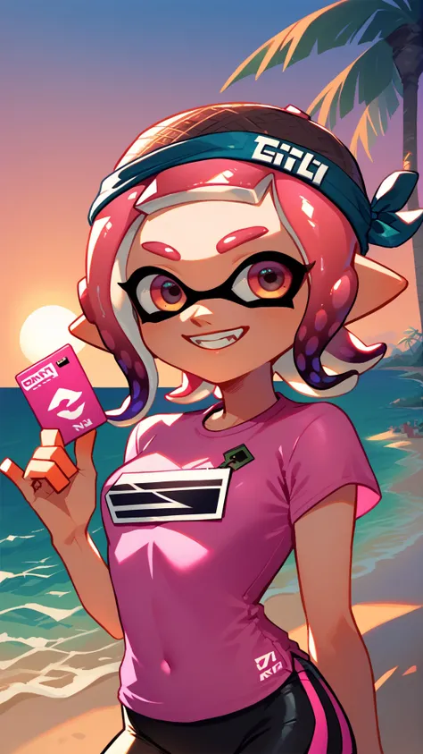 score_9_up,score_8_up,1girl,solo,ocean,beach,splatoon inkling,pink tentacle hair,amazing composition,incredible lighting,smiling,beautiful sunset,detailed background,<lora:SplatoonInkling_PD_v030:1>,pink shirt,<lora:Smooth Anime 2 Style SDXL_LoRA_Pony Diffusion V6 XL:1>,spandex shorts,spandex shirt,palm tree,credit card,holding,holding credit card,upper body,close up,
