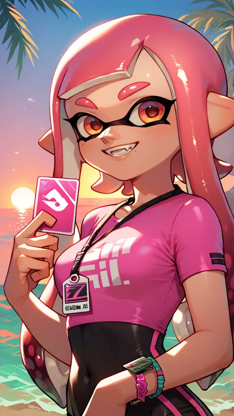 score_9_up,score_8_up,1girl,solo,ocean,beach,splatoon inkling,pink tentacle hair,amazing composition,incredible lighting,smiling,beautiful sunset,detailed background,<lora:SplatoonInkling_PD_v030:1>,pink shirt,<lora:Smooth Anime 2 Style SDXL_LoRA_Pony Diffusion V6 XL:1>,spandex shorts,spandex shirt,palm tree,credit card,holding,holding credit card,upper body,close up,