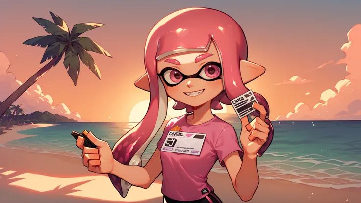 score_9_up,score_8_up,1girl,solo,ocean,beach,splatoon inkling,pink tentacle hair,amazing composition,incredible lighting,smiling,beautiful sunset,detailed background,<lora:SplatoonInkling_PD_v030:1>,pink shirt,spandex shorts,spandex shirt,palm tree,credit card,holding,holding credit card,upper body,