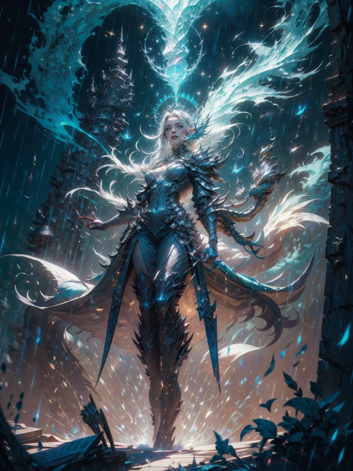 high quality, 8K Ultra HD, dungeons and dragons art, fantasy art, fantasy illustration, full body, Mystra The Mother of all Magic, elf Goddess of Magic, silver hair glowing with magic, divine, powerful magic in the background, aura of blue-white light, storm moon, lightning magic splash, magical background, casting a spell, Magic Circle, dynamic pose, hovering, perfect anatomy, approaching perfection, dynamic, highly detailed, smooth, sharp focus, art by Carne Griffiths and Wadim Kashin, trending on artstation, sharp focus, intricate details, highly detailed, by greg rutkowski, mysterious, epic, cinematic, digital art, 4k, <lora:detail_slider_v4:0.8> <lora:detailed_eye:0.8> <lora:EnvySorceress:0.8> <lora:Magic Circle_20230812103010:0.8> <lora:GoodHands-vanilla:1>