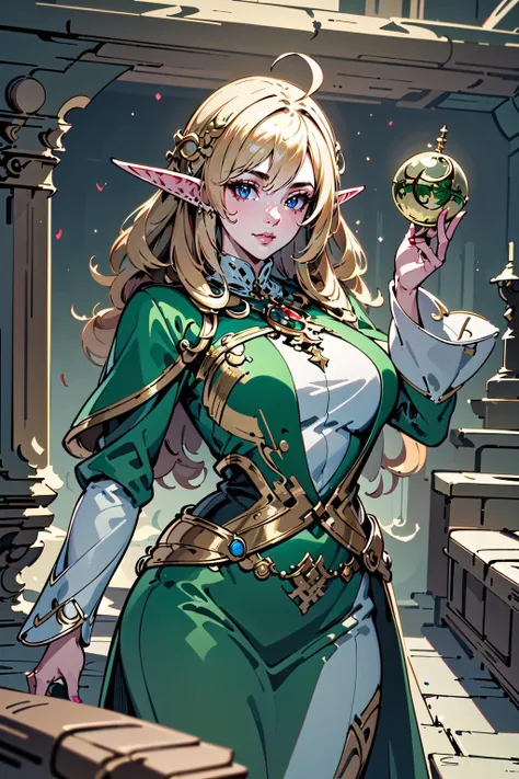 (masterpiece, best_quality, ultra-detailed, immaculate:1.3), epic, illustration, welcoming, 1girl, sorceress, elf, gold hair, curly hair,ahoge, casting spell, in a fantasy, mad scientist's hall<lyco:EnvySorceress:0.8>