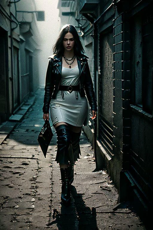 StacyM_SoloTI_v1,
(Wrapped in a sleek leather jacket, full body, accentuated by silver studs and chains, emanating a fierce and edgy aura), (A dimly lit alleyway, with shadows lurking in the corners, exuding an atmosphere of calculated intensity: 1.3), (seductive:1.3),(analog, cinematic, film grain, hazy atmosphere, cinematic shot:1.3),
<lora:add_detail:0.6>, PA7_Portrait-MCU,beautiful, elegant, confident, sorceress, witch, priestess, druid