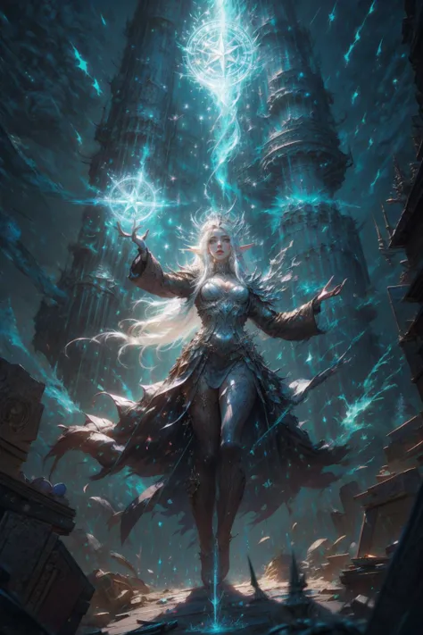 high quality, 8K Ultra HD, dungeons and dragons art, fantasy art, fantasy illustration, full body, Mystra The Mother of all Magic, elf Goddess of Magic, silver hair glowing with magic, divine, powerful magic in the background, aura of blue-white light, storm moon, lightning magic splash, magical background, casting a spell, Magic Circle, dynamic pose, hovering, perfect anatomy, approaching perfection, dynamic, highly detailed, smooth, sharp focus, art by Carne Griffiths and Wadim Kashin, trending on artstation, sharp focus, intricate details, highly detailed, by greg rutkowski, mysterious, epic, cinematic, digital art, 4k, <lora:detail_slider_v4:0.8> <lora:detailed_eye:0.8> <lora:hairdetailer:0.8> <lora:EnvySorceress:0.8> <lora:Magic Circle_20230812103010:0.8>