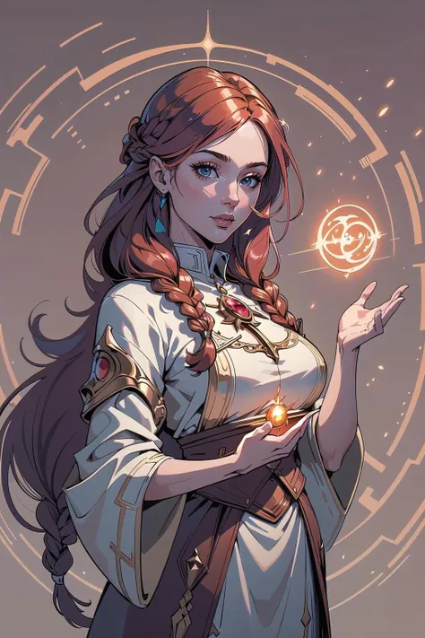 (masterpiece, best_quality, ultra-detailed, immaculate:1.3), epic, illustration, welcoming, 1girl, druid, shiny copper hair, french braids,long hair, casting spell, simple background<lyco:EnvySorceress:0.8>