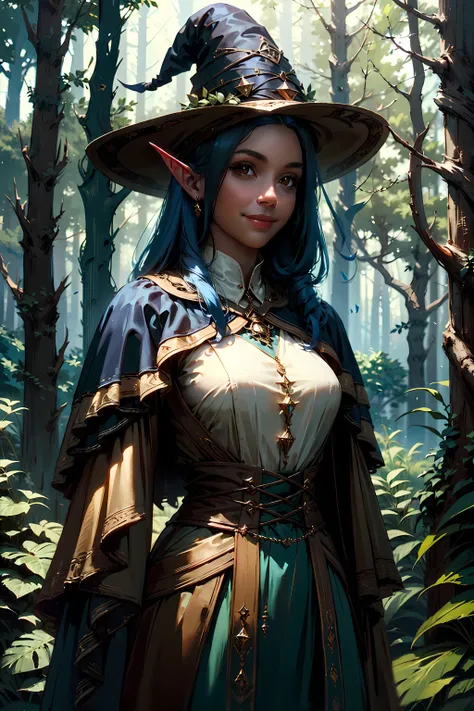 (masterpiece, highest quality, absurdres), upper body, solo, woman, smile, elf, witch, blue hair, brown eyes, standing, outdoors, forest, cinematic lighting, <lyco:EnvySorceress:0.8>