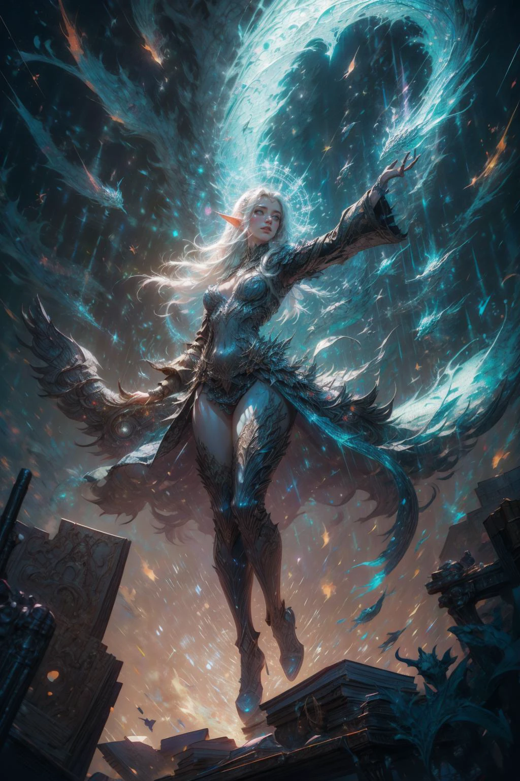 high quality, 8K Ultra HD, dungeons and dragons art, fantasy art, fantasy illustration, full body, Mystra The Mother of all Magic, elf Goddess of Magic, silver hair glowing with magic, divine, powerful magic in the background, aura of blue-white light, storm moon, lightning magic splash, magical background, casting a spell, Magic Circle, dynamic pose, hovering, perfect anatomy, approaching perfection, dynamic, highly detailed, smooth, sharp focus, art by Carne Griffiths and Wadim Kashin, trending on artstation, sharp focus, intricate details, highly detailed, by greg rutkowski, mysterious, epic, cinematic, digital art, 4k, <lora:detail_slider_v4:0.8> <lora:detailed_eye:0.8> <lora:hairdetailer:0.8> <lora:EnvySorceress:0.8> <lora:Magic Circle_20230812103010:0.8>