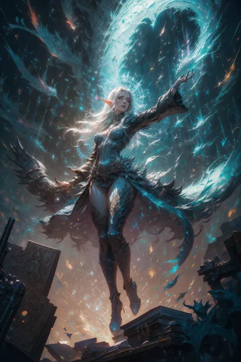 high quality, 8K Ultra HD, dungeons and dragons art, fantasy art, fantasy illustration, full body, Mystra The Mother of all Magic, elf Goddess of Magic, silver hair glowing with magic, divine, powerful magic in the background, aura of blue-white light, storm moon, lightning magic splash, magical background, casting a spell, Magic Circle, dynamic pose, hovering, perfect anatomy, approaching perfection, dynamic, highly detailed, smooth, sharp focus, art by Carne Griffiths and Wadim Kashin, trending on artstation, sharp focus, intricate details, highly detailed, by greg rutkowski, mysterious, epic, cinematic, digital art, 4k, <lora:detail_slider_v4:0.8> <lora:detailed_eye:0.8> <lora:hairdetailer:0.8> <lora:EnvySorceress:0.8> <lora:Magic Circle_20230812103010:0.8>