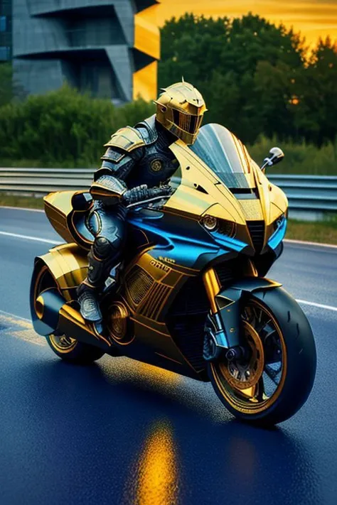 a man (knight in shiny armor, armor is highly detailed and symmetrical) riding on a sleek dark blue and gold ftsbk racing motorcycle on a road, The road lead up to a concrete defensive wall with a modern small town USA inside its walls, flat roads, dressed as a knight with helmet, helmet fully covers face, helmet fully covers head, book cover, detailed armor, massive concrete fortress, massive iron gate, super realistic, ultra realistic, 32k, high detail, photo-realistic, symmetrical,