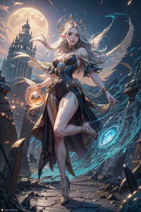 high quality, 8K Ultra HD, dungeons and dragons art, fantasy art, fantasy illustration, full body, Mystra The Mother of all Magic, elf Goddess of Magic, silver hair glowing with magic, divine, powerful magic in the background, aura of blue-white light, storm moon, lightning magic splash, magical background, casting a spell, dynamic pose, hovering, perfect anatomy, approaching perfection, dynamic, highly detailed, smooth, sharp focus, art by Carne Griffiths and Wadim Kashin, trending on artstation, sharp focus, intricate details, highly detailed, by greg rutkowski, mysterious, epic, cinematic, digital art, (32k,ultra realistic:1.2), highres, ultra highres, intricate details, (masterpiece:1.4), (photorealistic:1.4), (high detailed skin:1.1),(dslr, high quality:1.1), ultra detailed, extremely detailed, <lora:detail_slider_v4:2> <lora:detailed_eye:0.8> <lora:hairdetailer:0.8> <lora:EnvySorceress:0.8> style-swirlmagic