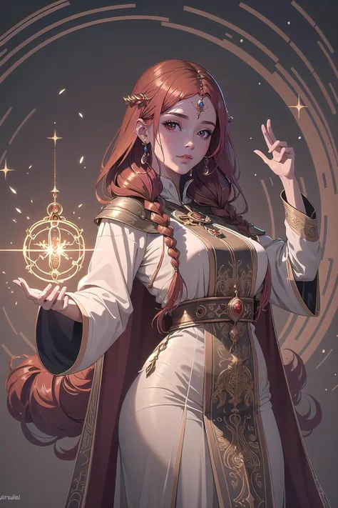 (masterpiece, best_quality, ultra-detailed, immaculate:1.3), epic, illustration, welcoming, 1girl, priestess, copper hair, hair bobbles,low-braided long hair, casting spell, simple background<lyco:EnvySorceress:0.8>