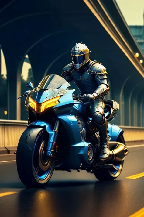 a man (knight in shiny armor, armor is highly detailed and symmetrical) riding on a sleek dark blue and gold ftsbk racing motorcycle on a road, The road lead up to a concrete defensive wall with a modern small town USA inside its walls, flat roads, dressed as a knight with helmet, helmet fully covers face, helmet fully covers head, book cover, detailed armor, massive concrete fortress, massive iron gate, super realistic, ultra realistic, 32k, high detail, photo-realistic, symmetrical,