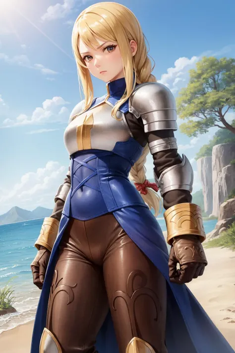 masterpiece, best quality, agrias, armor, blue dress, brown gloves, pants, stern expression, fists, arms to side, looking at viewer <lora:agrias-nvwls-v3-000012:0.9>