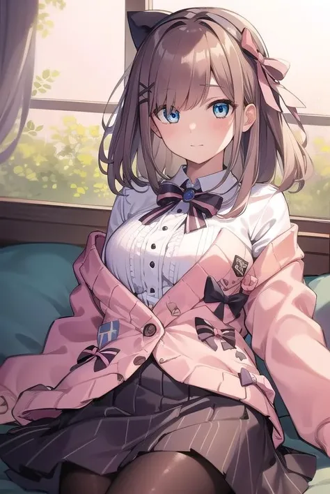 lulusuzuhara, <lora:lulusuzuharatest:1>,
lulu suzuhara, blue eyes, brown hair, hair ornament, hair over one eye, hair ribbon,
BREAK boots, bow, bowtie, brooch, buttons, cardigan, frills, jewelry, pantyhose, ribbon, skirt, striped, striped pantyhose, striped skirt, vertical stripes, vertical-striped pantyhose, virtual youtuber, (pink cardigan:1.5),
BREAK looking at viewer,
BREAK indoors,
BREAK <lora:GoodHands-vanilla:1>, (masterpiece:1.2), best quality, high resolution, unity 8k wallpaper, (illustration:0.8), (beautiful detailed eyes:1.6), extremely detailed face, perfect lighting, extremely detailed CG, (perfect hands, perfect anatomy),