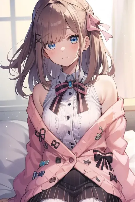 lulusuzuhara, <lora:lulusuzuharatest:1>,
lulu suzuhara, blue eyes, brown hair, hair ornament, hair over one eye, hair ribbon,
BREAK boots, bow, bowtie, brooch, buttons, cardigan, frills, jewelry, pantyhose, ribbon, skirt, striped, striped pantyhose, striped skirt, vertical stripes, vertical-striped pantyhose, virtual youtuber, (pink cardigan:1.5),
BREAK looking at viewer,
BREAK indoors,
BREAK <lora:GoodHands-vanilla:1>, (masterpiece:1.2), best quality, high resolution, unity 8k wallpaper, (illustration:0.8), (beautiful detailed eyes:1.6), extremely detailed face, perfect lighting, extremely detailed CG, (perfect hands, perfect anatomy),