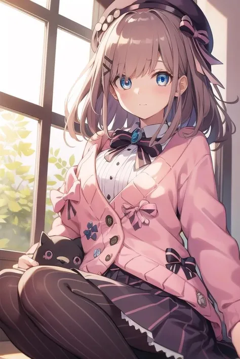 lulusuzuhara, <lora:lulusuzuharatest:1>,
lulu suzuhara, blue eyes, brown hair, hair ornament, hair over one eye, hair ribbon,
BREAK hat, beret, boots, bow, bowtie, brooch, buttons, cardigan, frills, jewelry, pantyhose, ribbon, skirt, striped, striped pantyhose, striped skirt, vertical stripes, vertical-striped pantyhose, virtual youtuber, (pink cardigan:1.5),
BREAK looking at viewer,
BREAK indoors,
BREAK <lora:GoodHands-vanilla:1>, (masterpiece:1.2), best quality, high resolution, unity 8k wallpaper, (illustration:0.8), (beautiful detailed eyes:1.6), extremely detailed face, perfect lighting, extremely detailed CG, (perfect hands, perfect anatomy),