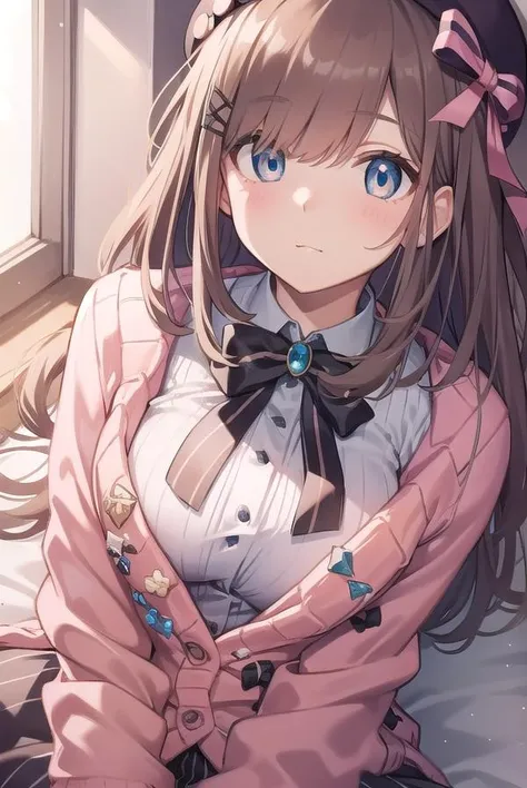lulusuzuhara, <lora:lulusuzuharatest:1>,
lulu suzuhara, blue eyes, brown hair, hair ornament, hair over one eye, hair ribbon,
BREAK hat, beret, boots, bow, bowtie, brooch, buttons, cardigan, frills, jewelry, pantyhose, ribbon, skirt, striped, striped pantyhose, striped skirt, vertical stripes, vertical-striped pantyhose, virtual youtuber, (pink cardigan:1.5),
BREAK looking at viewer,
BREAK indoors,
BREAK <lora:GoodHands-vanilla:1>, (masterpiece:1.2), best quality, high resolution, unity 8k wallpaper, (illustration:0.8), (beautiful detailed eyes:1.6), extremely detailed face, perfect lighting, extremely detailed CG, (perfect hands, perfect anatomy),