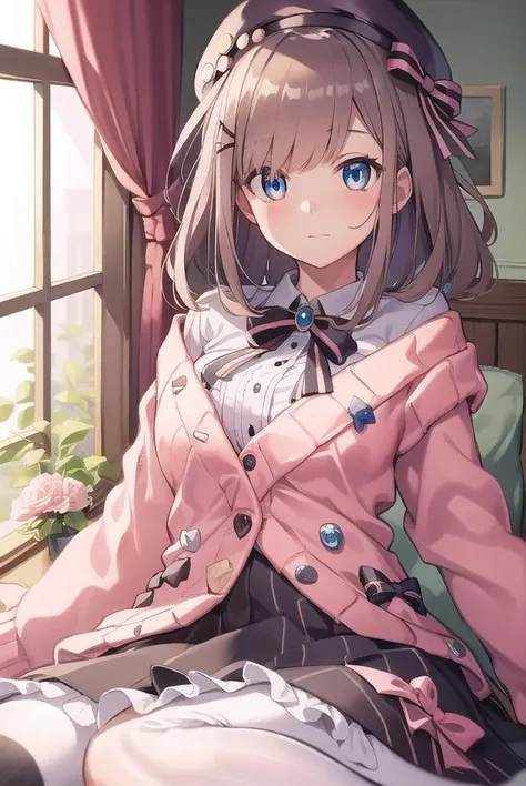 lulusuzuhara, <lora:lulusuzuharatest:1>,
lulu suzuhara, blue eyes, brown hair, hair ornament, hair over one eye, hair ribbon,
BREAK hat, beret, boots, bow, bowtie, brooch, buttons, cardigan, frills, jewelry, pantyhose, ribbon, skirt, striped, striped pantyhose, striped skirt, vertical stripes, vertical-striped pantyhose, virtual youtuber, (pink cardigan:1.5),
BREAK looking at viewer,
BREAK indoors,
BREAK <lora:GoodHands-vanilla:1>, (masterpiece:1.2), best quality, high resolution, unity 8k wallpaper, (illustration:0.8), (beautiful detailed eyes:1.6), extremely detailed face, perfect lighting, extremely detailed CG, (perfect hands, perfect anatomy),